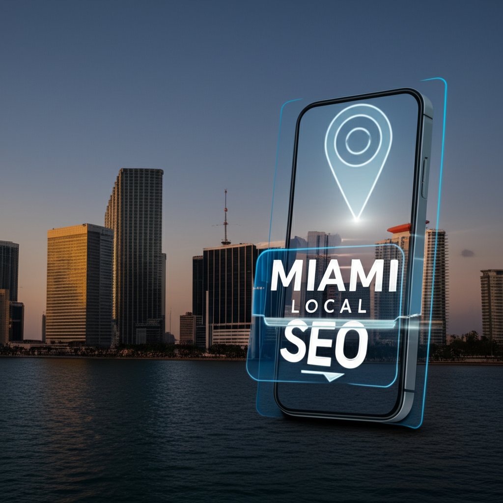 Vibrant Miami skyline at dusk with a glowing map pin and a holographic phone screen displaying 'MIAMI LOCAL SEO' results.