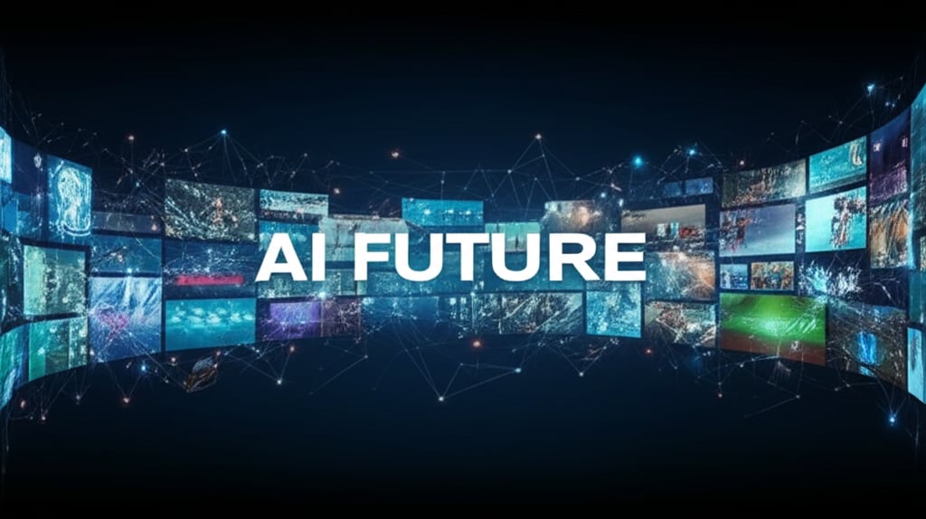 A visually striking, futuristic scene depicting an advanced AI system processing diverse content types simultaneously. Glowing neural networks connect text, audio waveforms, and video frames into a unified stream of understanding. Ethical guidelines are represented by balanced scales or protective shields integrated into the system's design. Text in image: 'AI FUTURE' in large, bold font.