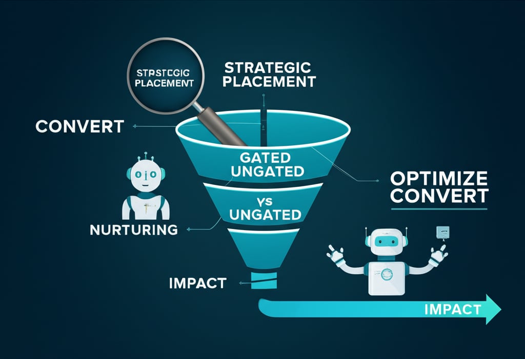 A dynamic marketing funnel infographic, visually representing lead distribution, nurturing, and conversion. Elements include a magnifying glass over 'strategic placement' text, a split path for 'GATED vs UNGATED', an AI robot interacting with a lead for 'NURTURING', and a conversion arrow pointing to 'IMPACT'. Digital interface, strategic, growth-focused, wide aspect ratio, with text 'OPTIMIZE CONVERT' strategically placed.