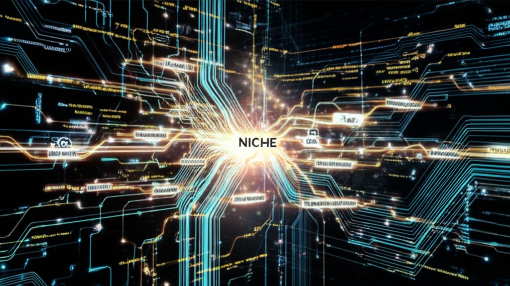 An illustrative image about: A futuristic digital network map intricately weaving together glowing nodes representing core entiti