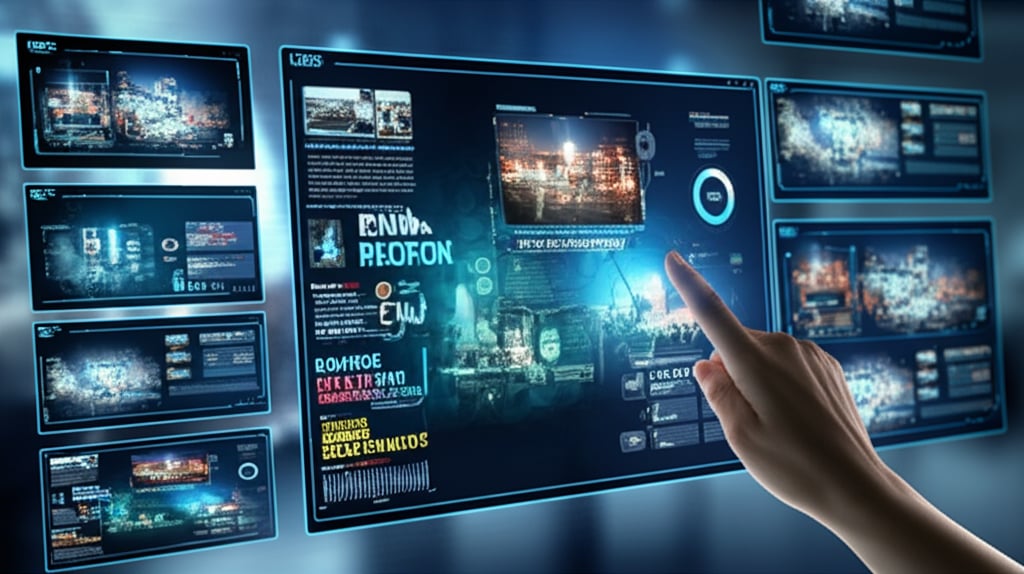 A human hand guides a sleek AI interface on a large holographic screen, generating detailed blog visuals and infographics in a modern studio.