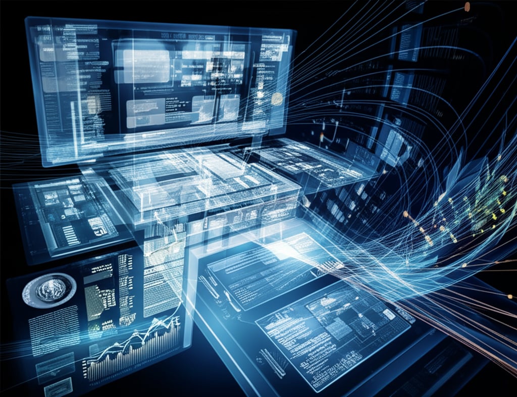 Intricate, glowing content engine optimizes web pages, with data flowing to generate surging organic search traffic.