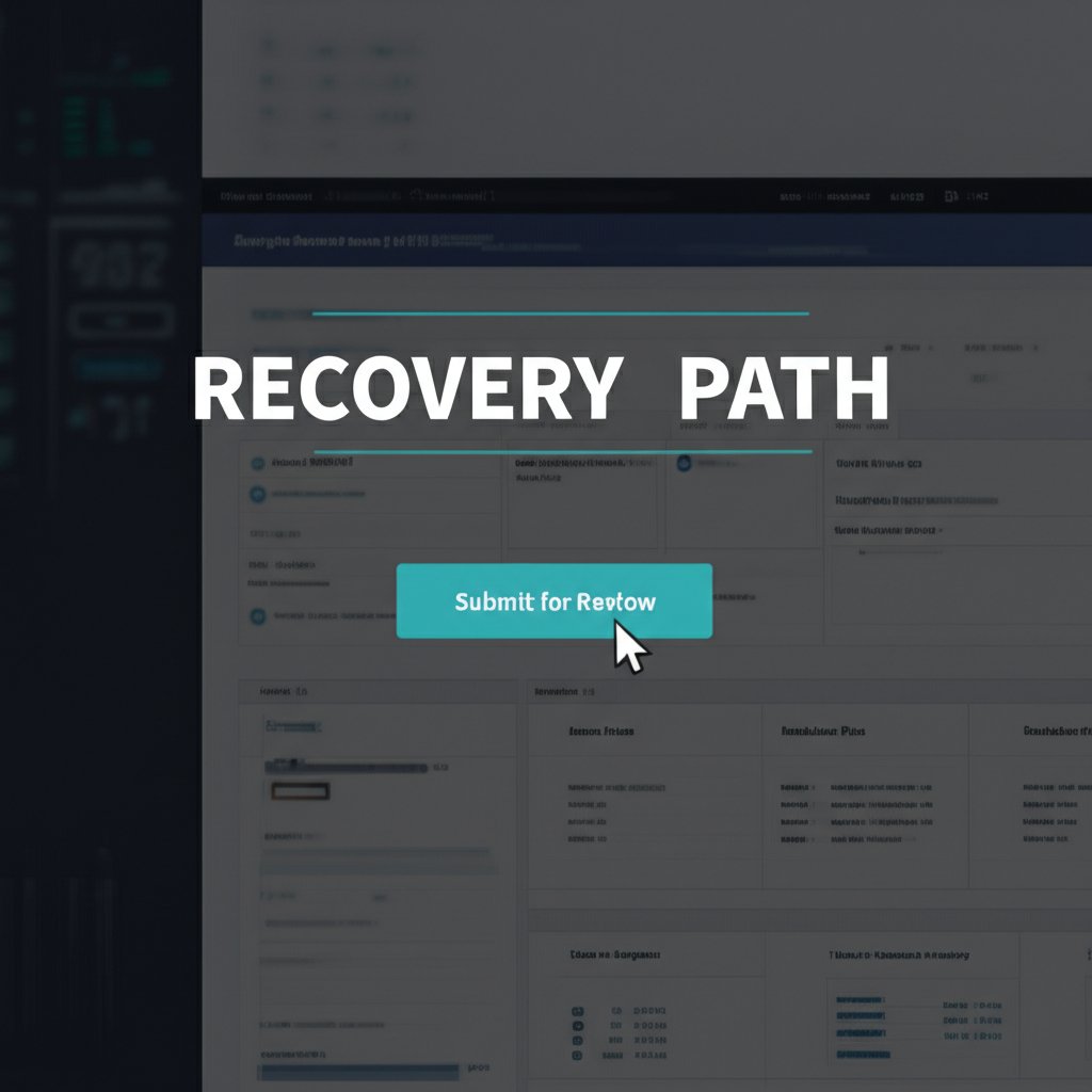 An analytical dashboard interface, reminiscent of Google Search Console, with sections clearly labeled 'Issues Detected' and 'Resolution Plan'. A cursor highlights a 'Submit for Review' button, symbolizing the process of diagnosing, rectifying, and recovering from penalties. Bold text overlay: 'RECOVERY PATH'.