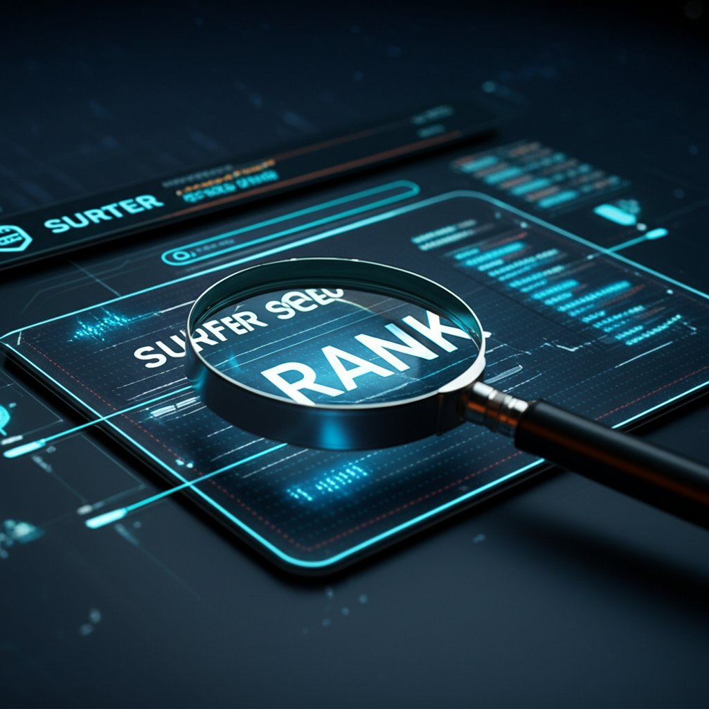 A futuristic digital blueprint or screen displaying a content outline being meticulously constructed. Glowing data lines flow across the blueprint, and a magnifying glass hovers over a search engine results page (SERP) in the background. Prominently display the words "SURFER SEO" and "RANK" in large, modern fonts on the digital blueprint.