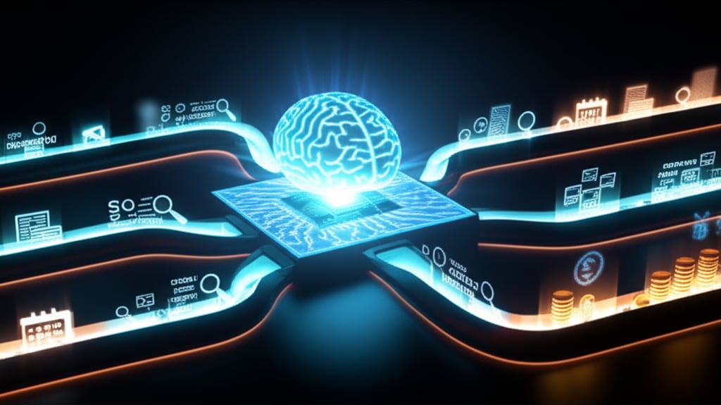 A futuristic infographic shows an AI core with pipelines for content, SEO, publication, and monetization, leading to passive income.