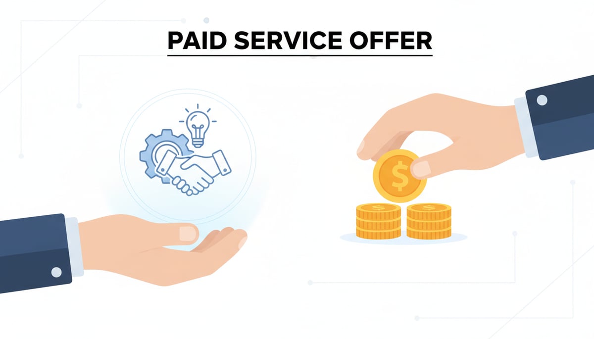 Hands exchanging a service icon for money, symbolizing a paid service offer.