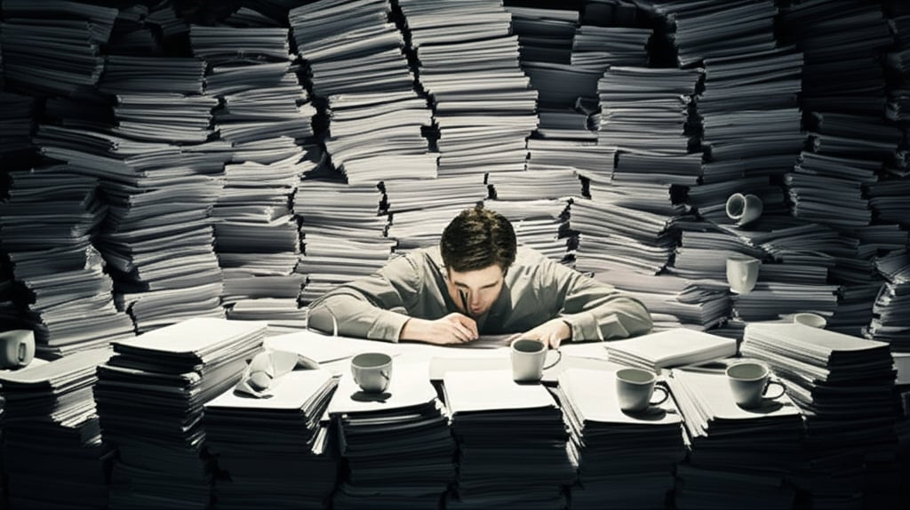 An overwhelmed person is buried under a mountain of unwritten articles, frantically writing amidst towering paper stacks.