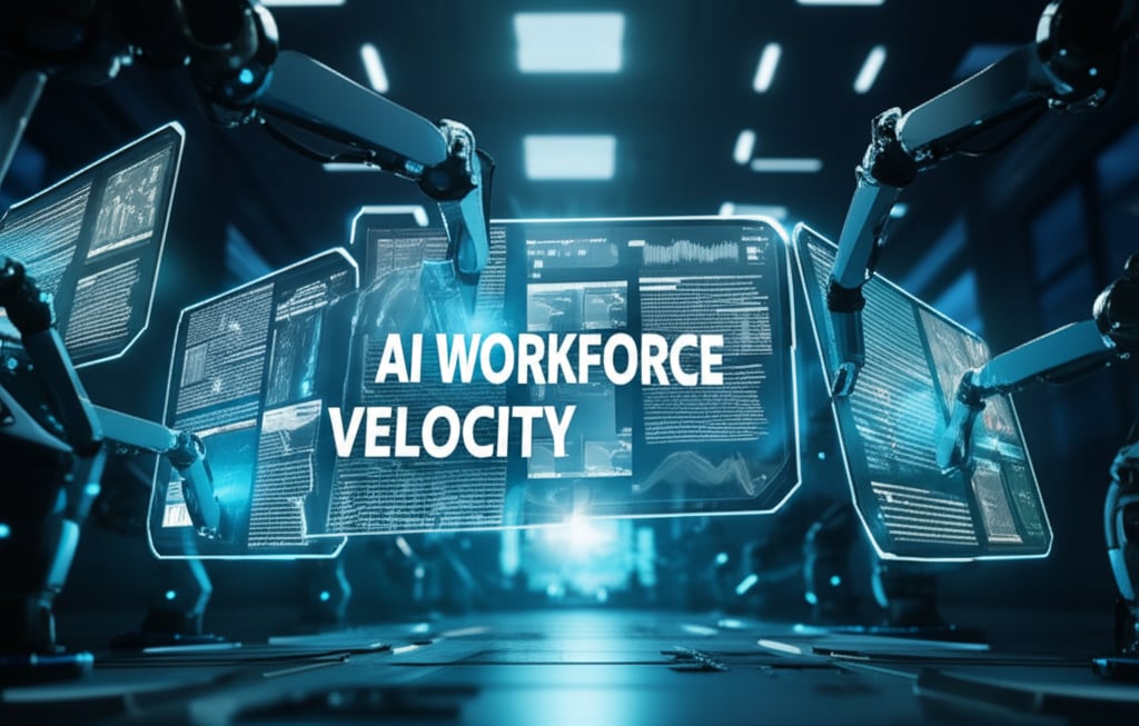 An illustrative image about: A high-tech, futuristic office environment. Sleek robotic arms, glowing with blue energy, are rapidl