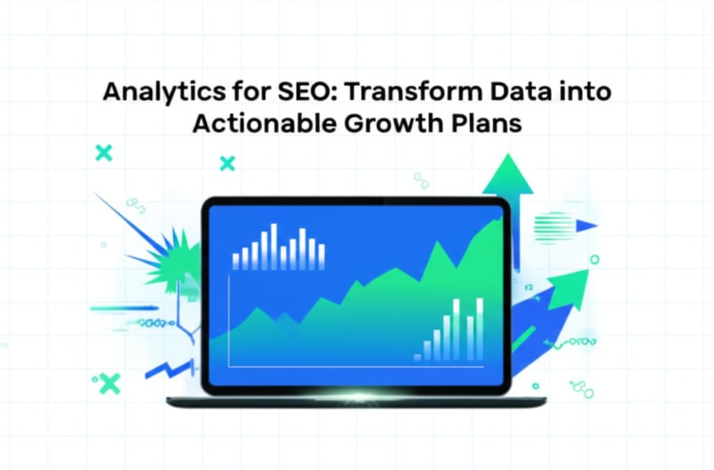 Sleek tablet shows a glowing SEO analytics dashboard with upward trends and the title 'Analytics for SEO,' framed by geometric growth graphics.