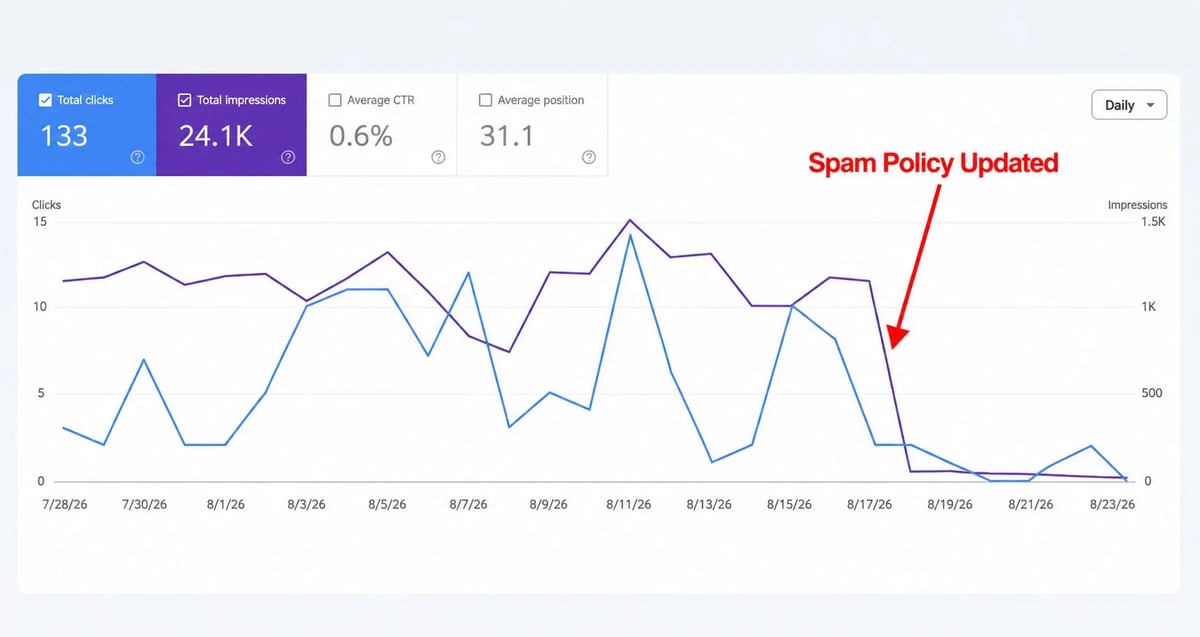 August 2026 spam update cuased a dip in impressions and clicks