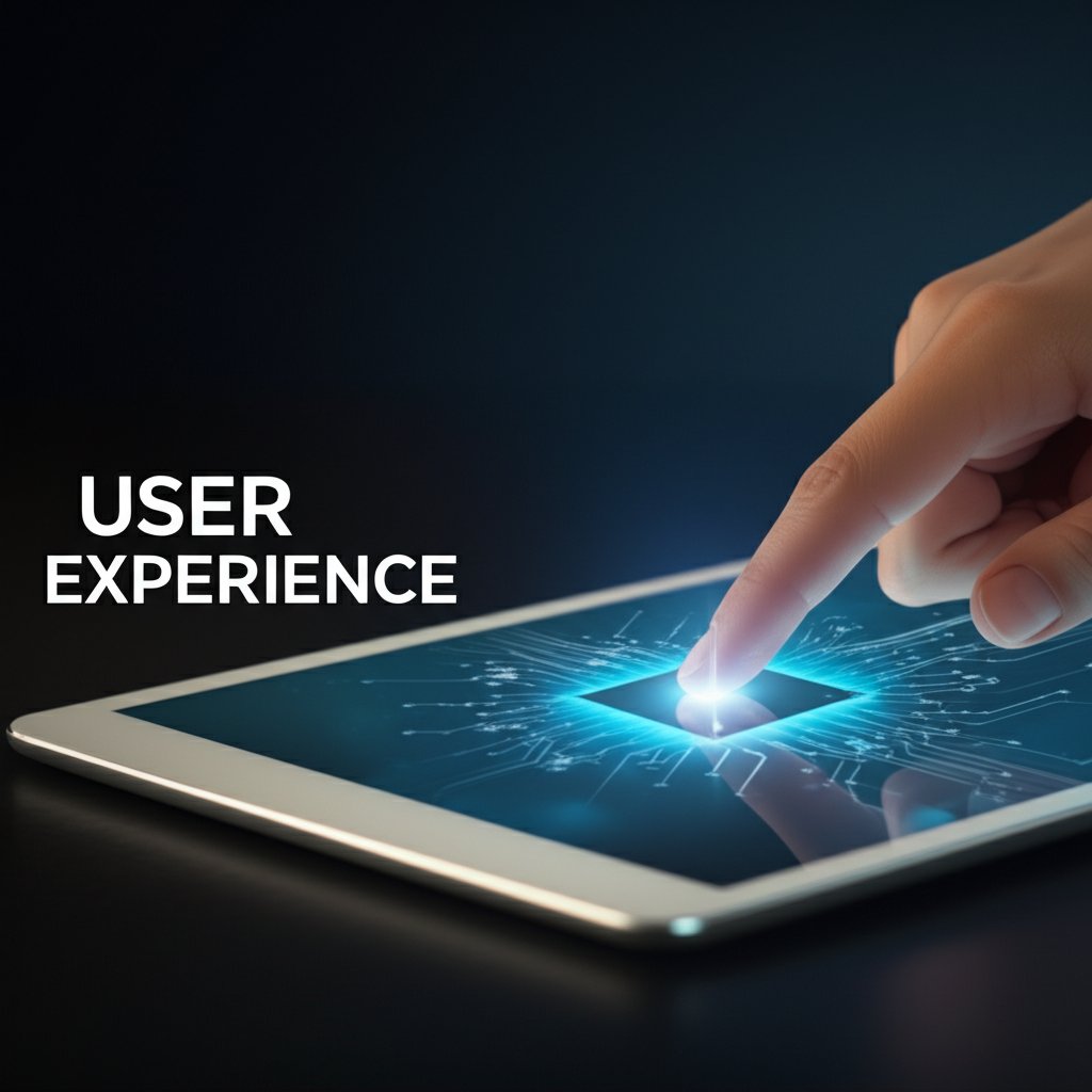A human hand interacting with a sleek, minimalist website interface on a tablet. Data flowing from the user's interactions (e.g., cursor movements, scrolls) into abstract AI brain-like circuits. Focus on smooth transitions and quick loading indicators. Text overlay: "USER EXPERIENCE" in a modern, large font.