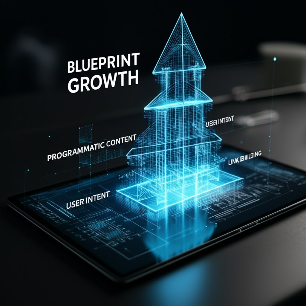 A clean, modern architectural blueprint laid out on a digital workbench, with glowing lines and holographic projections detailing a multi-faceted strategy. Different sections of the blueprint highlight 'PROGRAMMATIC CONTENT', 'USER INTENT', and 'LINK BUILDING' as interconnected pillars supporting a rising structure of success. Large, bold text overlay: 'BLUEPRINT' and 'GROWTH'.