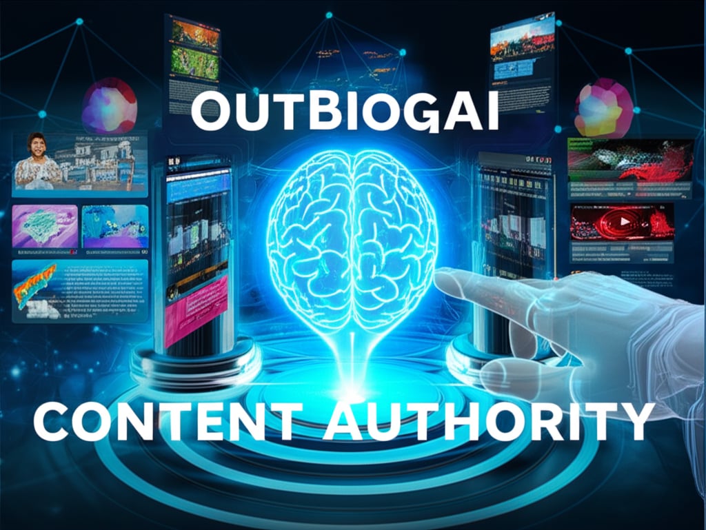 An illustrative image about: A futuristic, high-tech visual representing content creation and authority. A stylized, glowing AI b