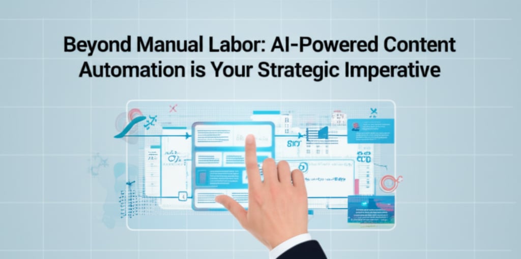 A modern YouTube thumbnail with a hand interacting with a holographic 'AI-Powered Content Automation' screen, framed by geometric tech shapes and a bold title.
