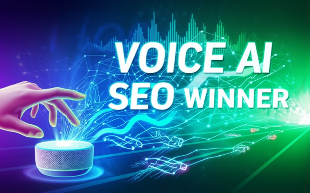 A futuristic, dynamic illustration showcasing a human hand interacting with an ethereal smart speaker, from which vibrant voice waveforms are emanating and transforming into intricate, glowing AI neural networks. These networks are visualized as rapidly advancing along a digital race track, leaving behind traditional text-based search icons, all heading towards a glowing finish line. Overlaying the scene, in large, bold, luminous text: 'VOICE AI' and 'SEO WINNER'. The color scheme is a gradient of electric blues, radiant purples, and energetic greens, symbolizing innovation and success.