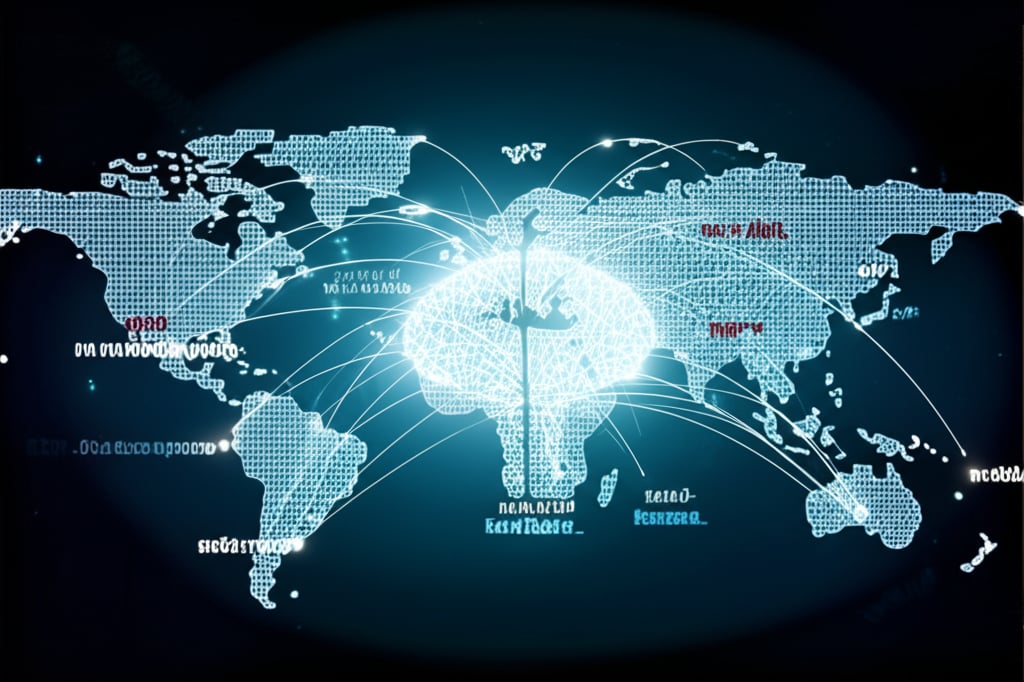 An illustrative image about: A futuristic, vibrant illustration showing a stylized AI brain or neural network radiating glowing d