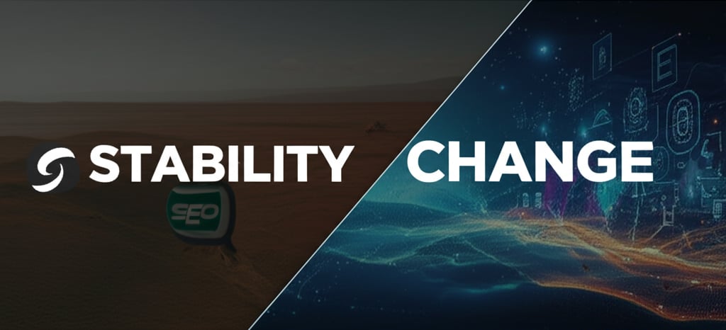A visual metaphor depicting two contrasting paths: one showing a stable, well-established digital landscape with a familiar Surfer SEO logo, and the other showing a dynamic, evolving landscape with elements of innovation and change. A subtle line separates these two scenes, symbolizing transition. The overall mood is thoughtful and forward-looking. Large, bold text overlayed on the stable side reads "STABILITY", and on the changing side, "CHANGE".
