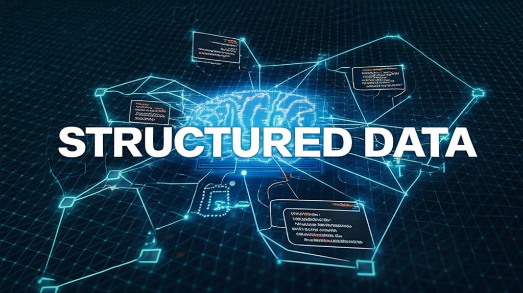 A sophisticated digital grid of interconnected concepts and keywords, represented as glowing nodes and lines, with small code snippets (like schema JSON-LD) embedded within. A stylized AI brain or processor at the center, interpreting the connections. Text overlay: "STRUCTURED DATA" in a technological, large font.