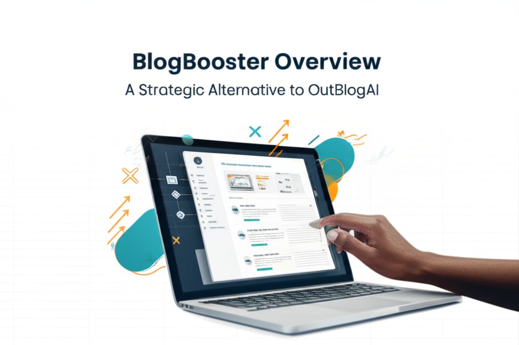 Sleek laptop displaying 'BlogBooster Overview' with a professional hand, surrounded by strategic graphics and geometric shapes on a grid background.