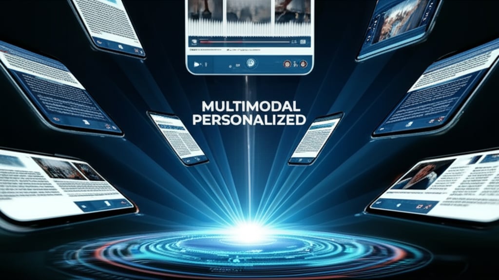 An illustrative image about: A futuristic scene where a single piece of content (represented by a central glowing orb) radiates o