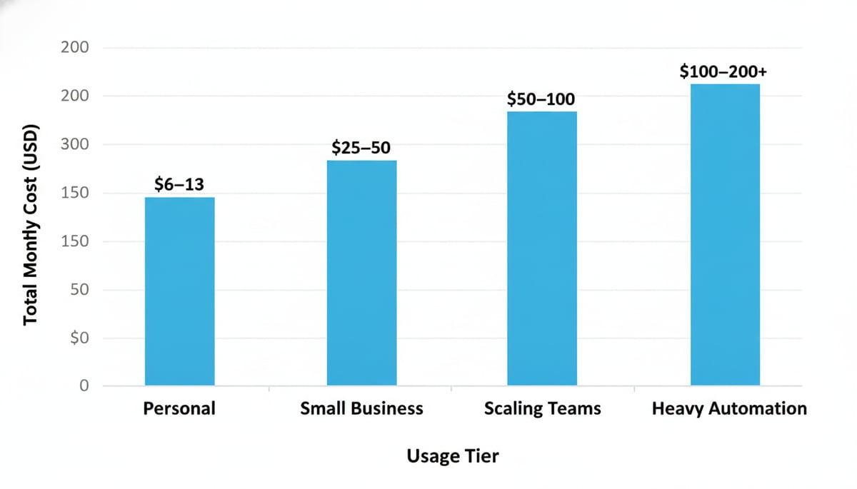Bar chart showing total monthly cost in USD for OpenClaw across four usage tiers
