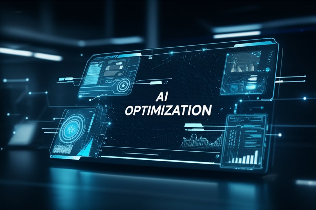 An illustrative image about: A futuristic, clean UI showing an advanced AI system at work. A central display features the bold te