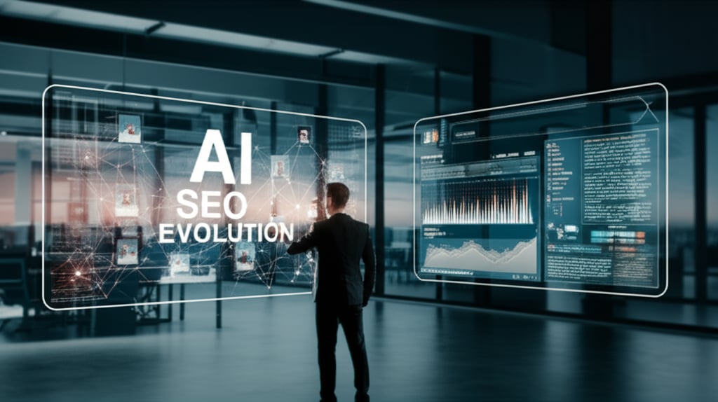 An illustrative image about: A futuristic office environment with a professional analyzing a holographic display. The display sho