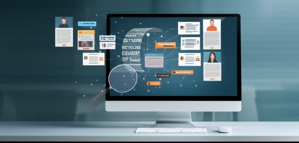 Modern desk with an AI interface generating personalized content and recommendations, reflecting efficient, keyword-driven strategies.