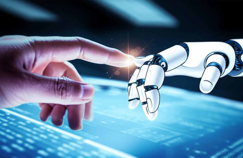 A human hand gently touches a robotic hand over a glowing digital interface, representing human-AI collaboration in content creation.