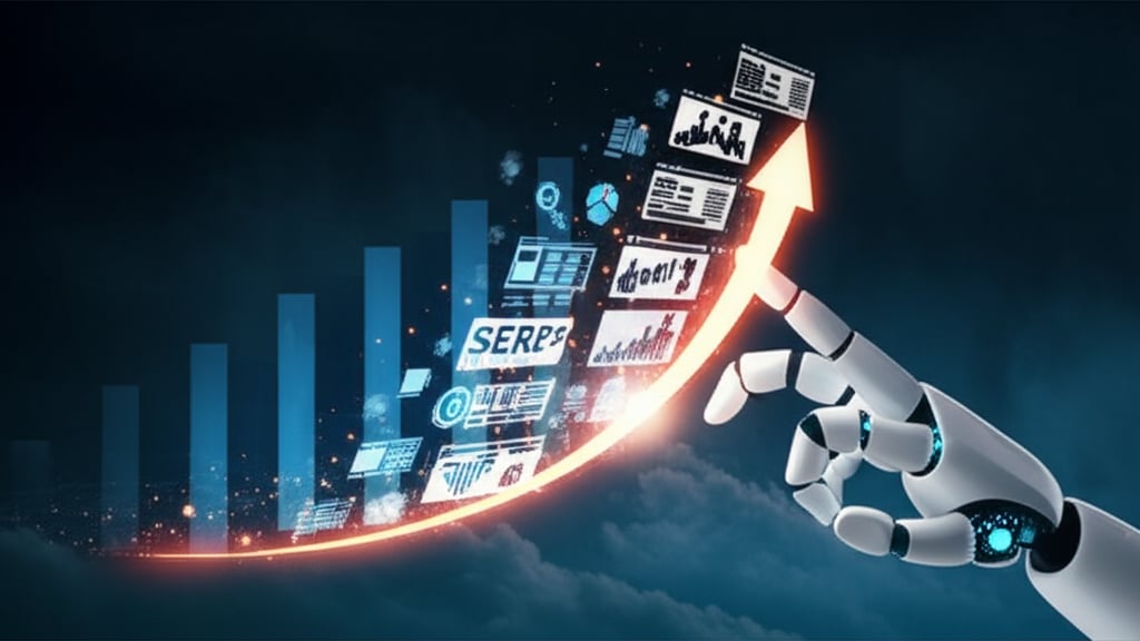 A sleek AI hand optimizes a digital dial, surrounded by SEO elements, propelling a growth chart through competitive digital skies.