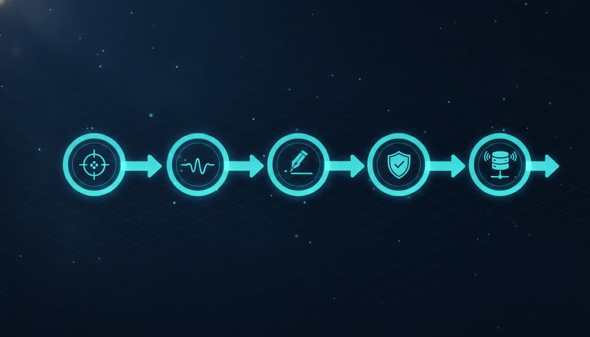 Horizontal pipeline recap diagram with five cyan nodes on a dark navy background
