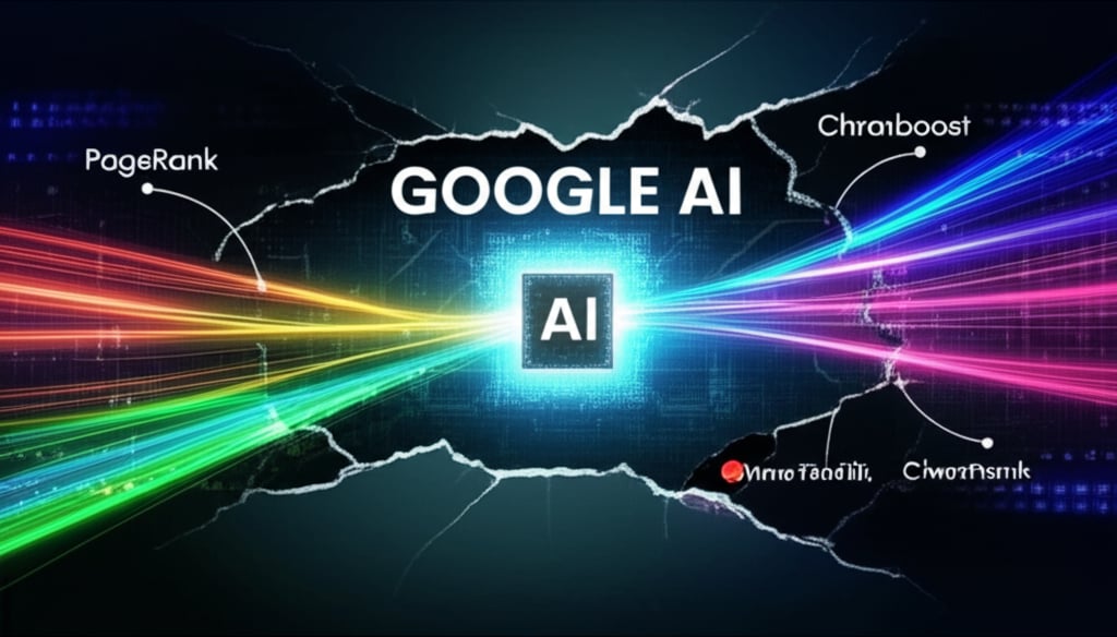 A holographic, intricate diagram of Google's internal ranking system, appearing as if revealed through a crack or "leak." Glowing data streams representing PageRank, Chrome traffic, and NavBoost flowing towards a central, powerful AI core. Abstract, futuristic, and slightly mysterious. Text overlay: "GOOGLE AI" in a strong, commanding font.