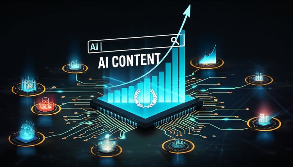AI content core with SEO/content nodes, a Google supremacy metaphor, and bold AI CONTENT text in vibrant digital art.