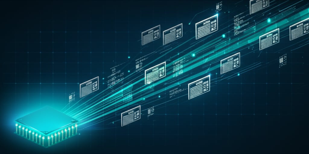 A glowing AI core propels luminous data streams to an illuminated peak representing market dominance on a subtle digital grid.