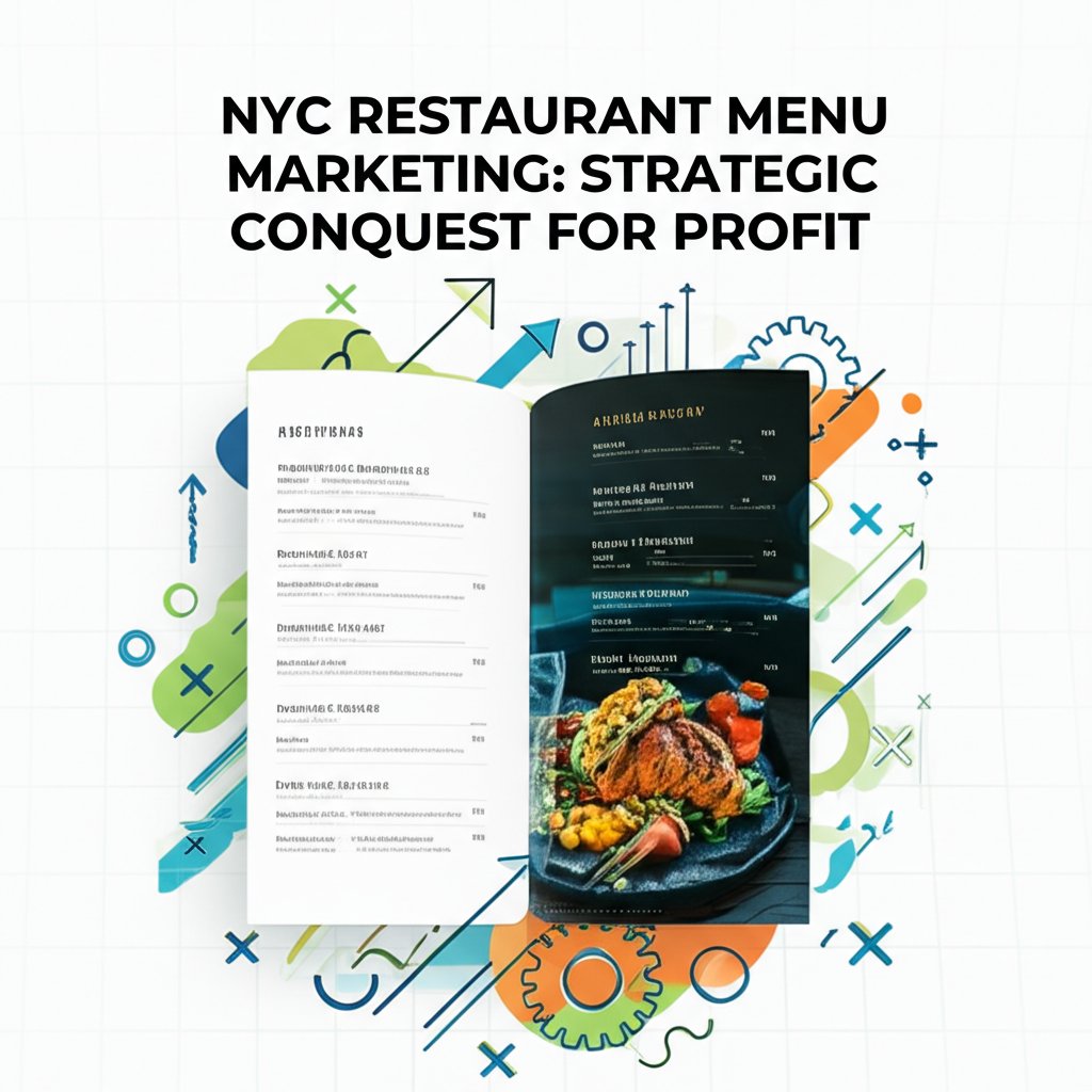 Modern YouTube thumbnail for 'NYC Restaurant Menu Marketing: Strategic Conquest for Profit,' displaying a menu, growth charts, and shapes.