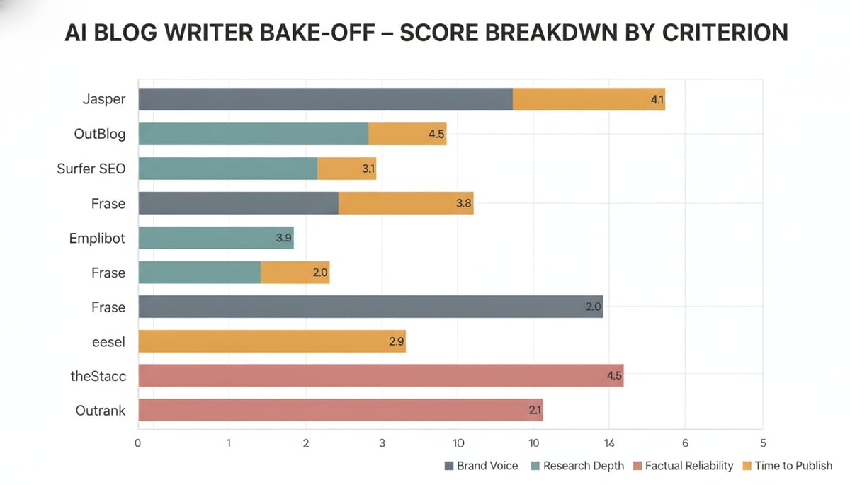 Horizontal grouped bar chart comparing eight AI blog writers across six scoring