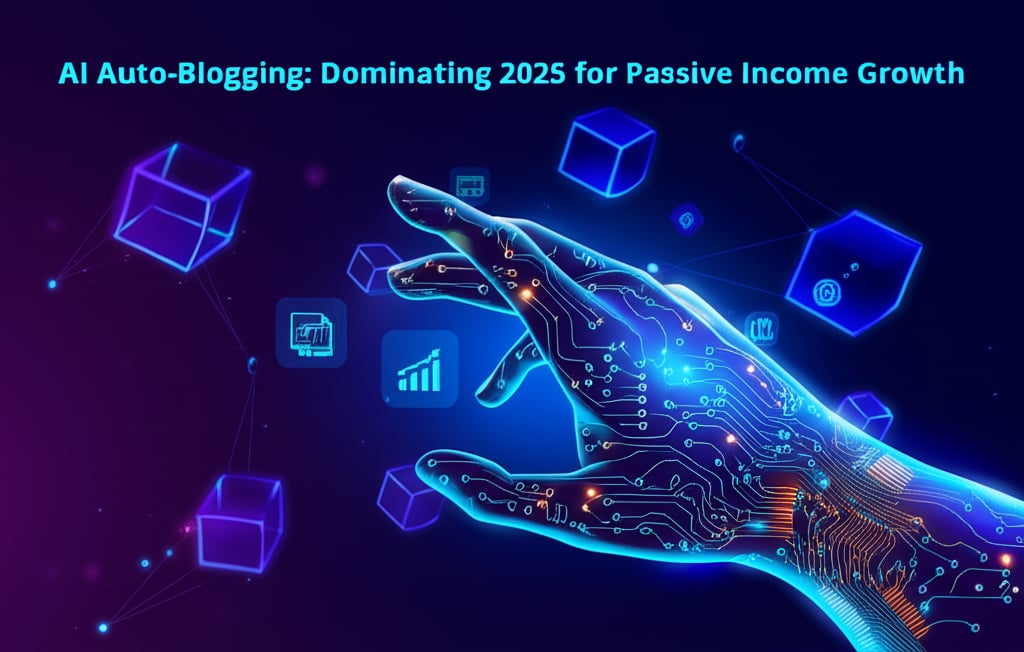 A glowing AI hand reaches into a futuristic digital scene with growth icons and AI Auto-Blogging text.