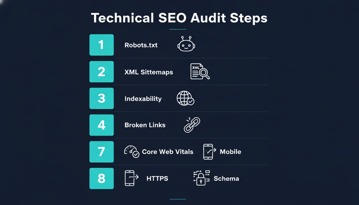 Vertical infographic listing eight technical SEO audit steps on dark navy backgr