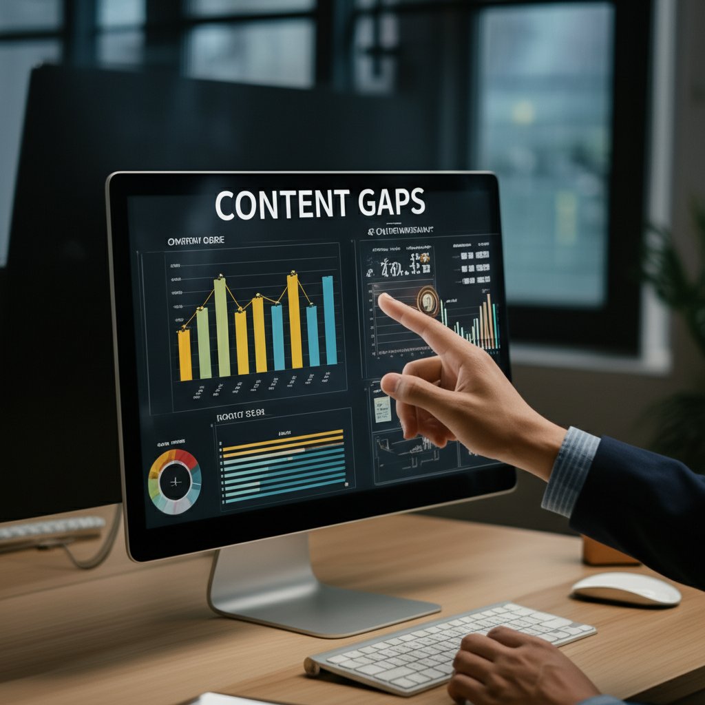A content strategist analyzing a digital dashboard showing content gaps and AI optimization metrics.