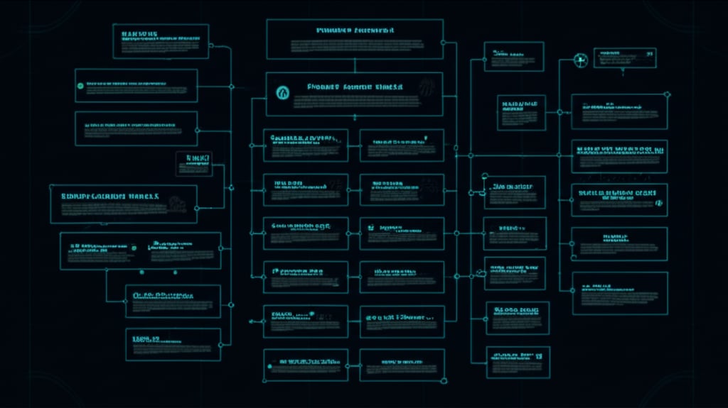 An illustrative image about: A clean, architectural blueprint rendered in glowing digital lines on a dark background. The central