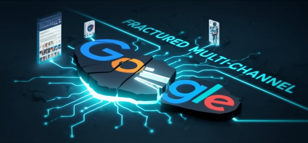 An illustrative image about: A conceptual illustration showing a cracked or fragmented Google logo, with glowing pathways extendi