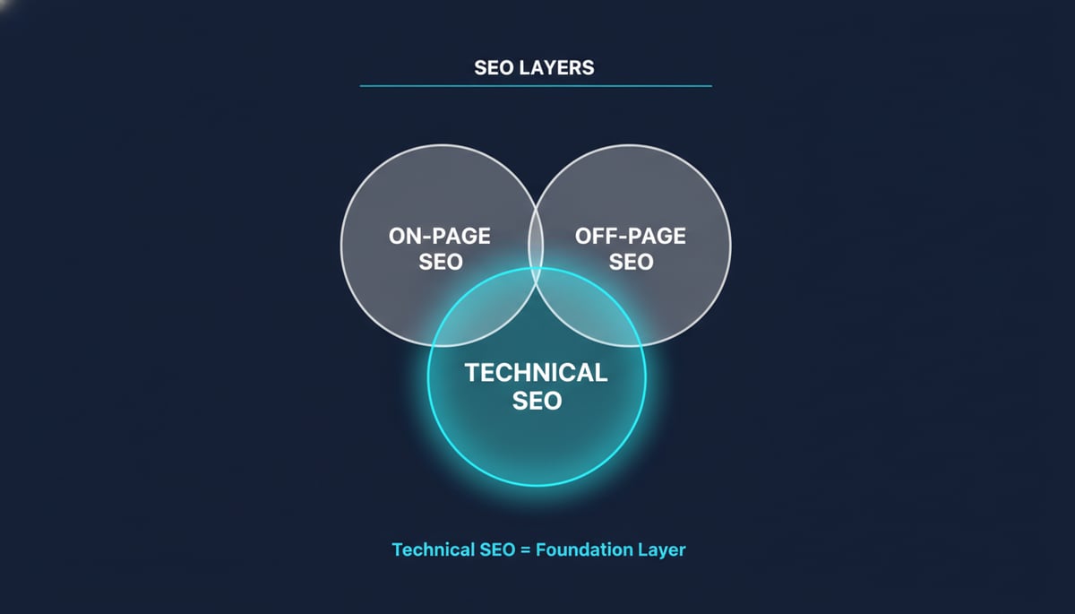 Venn diagram showing Technical SEO, On-Page SEO, and Off-Page SEO as overlapping