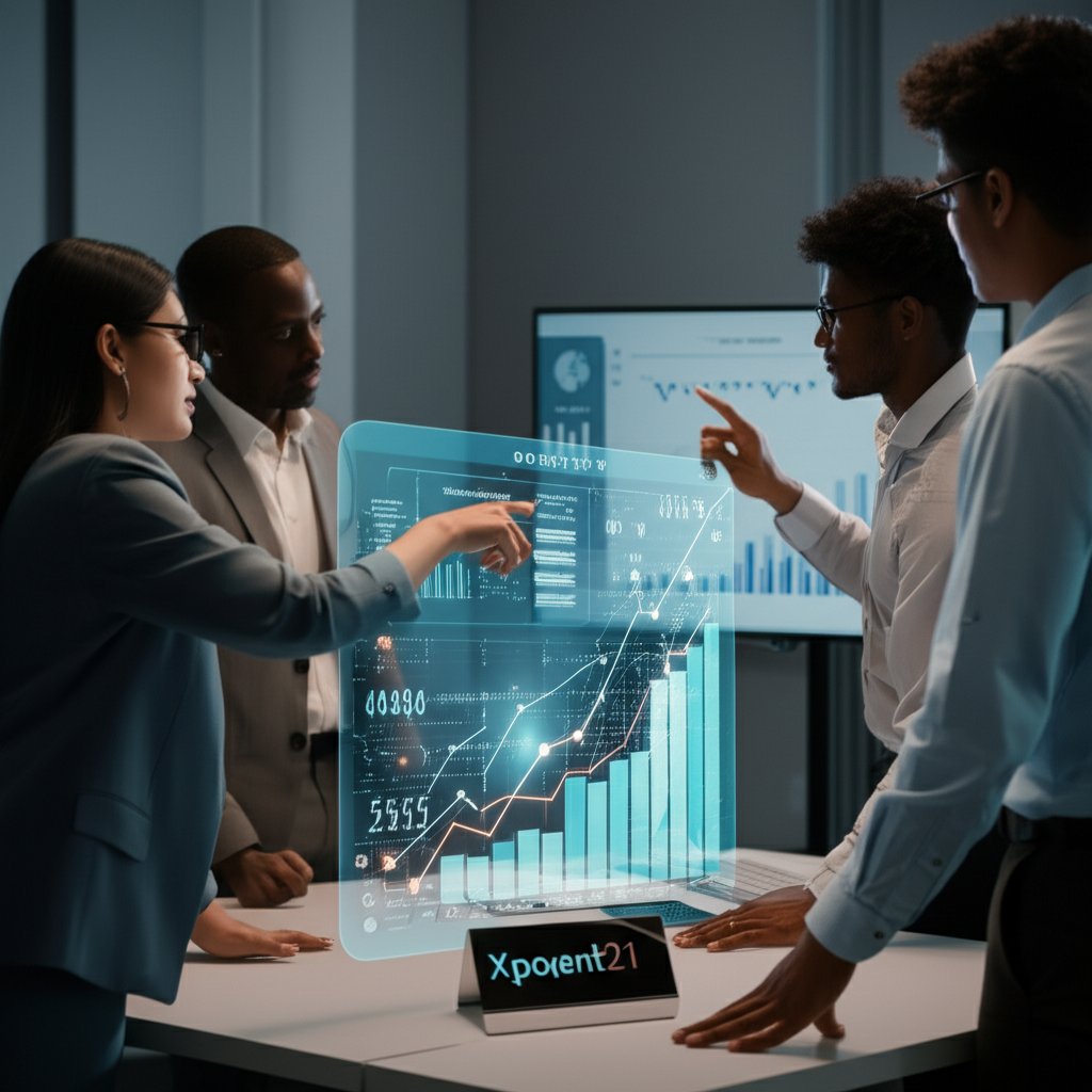 A diverse team in a modern office collaborates around a holographic display, showing Xponent21's rising AI search rankings.