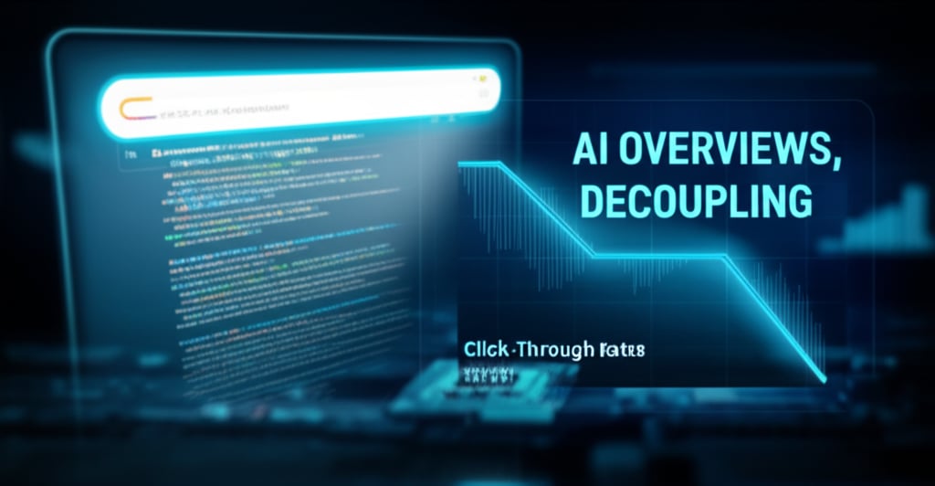 An illustrative image about: A futuristic search engine results page with prominent, glowing AI Overviews providing instant answe