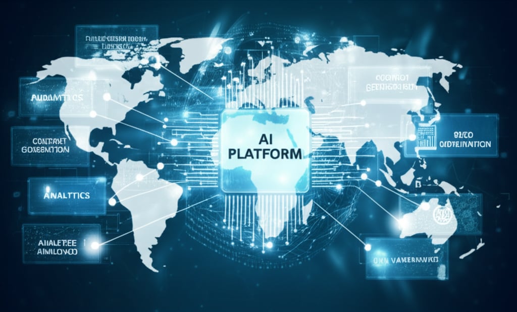 An illustrative image about: A sophisticated, high-tech visual representing an 'Integrated AI Platform'. A central, glowing spher