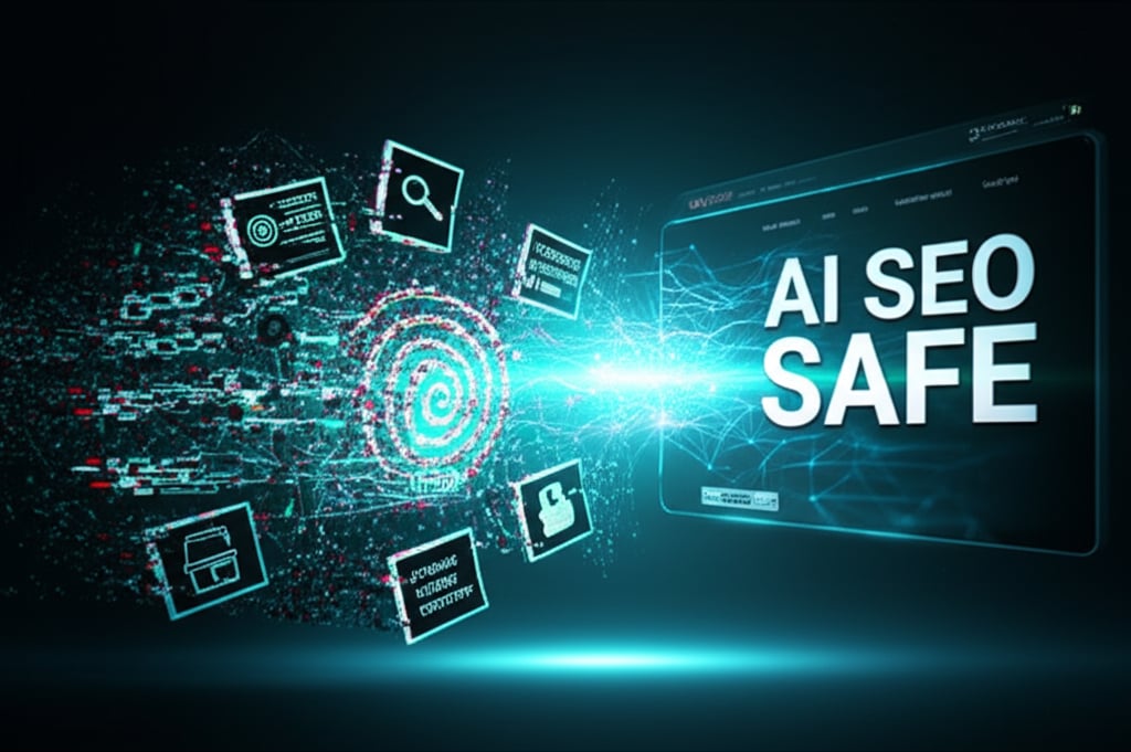 A dynamic, high-tech digital illustration. In the foreground, seven distinct, abstract representations of critical SEO mistakes are depicted as chaotic, glitching digital constructs: broken links, keyword stuffing spirals, unoptimized content blocks, slow loading bar, irrelevant search bubbles, missing local tags, and duplicate content shadows. These elements are being actively dissolved and repelled by a luminous, benevolent AI entity, visualized as interconnected neural networks and data streams, radiating electric blue and green light. In the background, a pristine, modern digital agency website interface glows with perfect optimization, untouched by the chaos. The overall scene emphasizes AI's proactive problem-solving. Large, bold, futuristic text overlays: "AI SEO" and "SAFE".