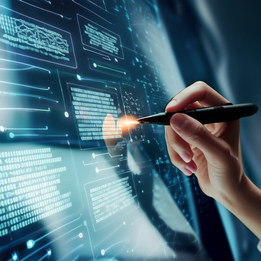 An illustrative image about: A close-up, high-tech shot of a human hand meticulously refining lines of AI-generated content on a