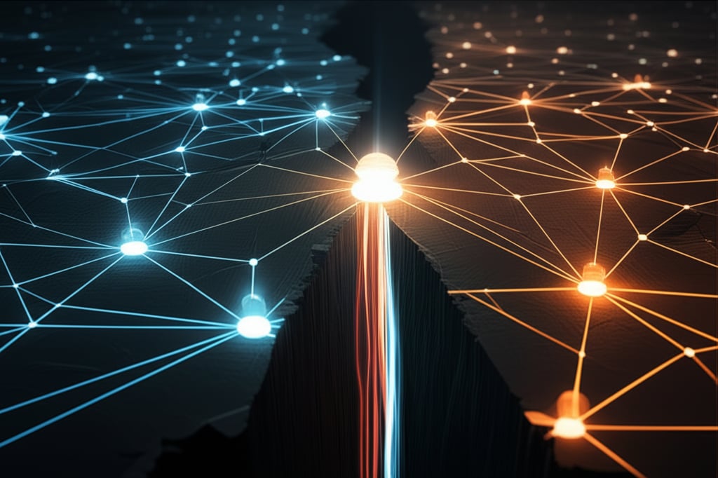 An illustrative image about: A dramatic, high-angle shot of a complex network of websites represented as glowing, interconnected 