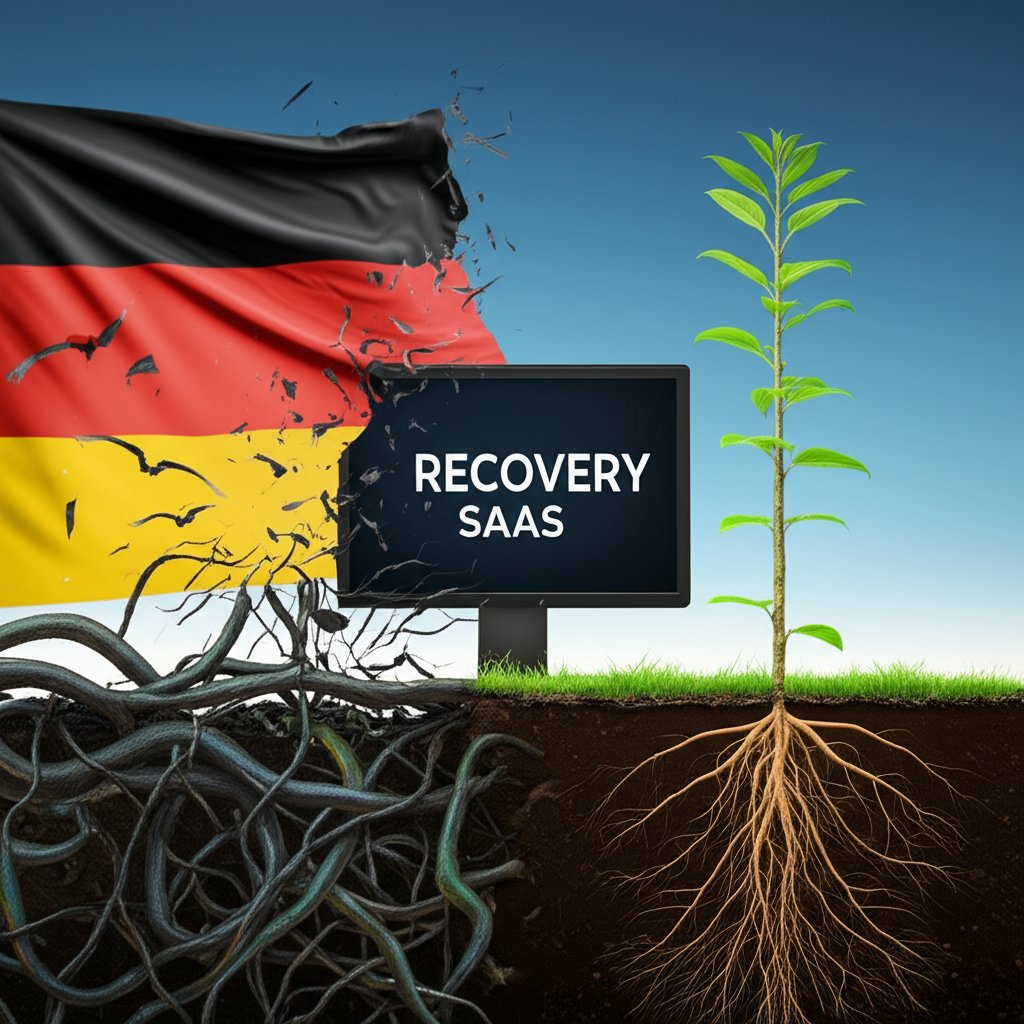Digital landscape metaphor: tangled code clears for new green roots, with a German flag and 'RECOVERY SAAS' on a screen.