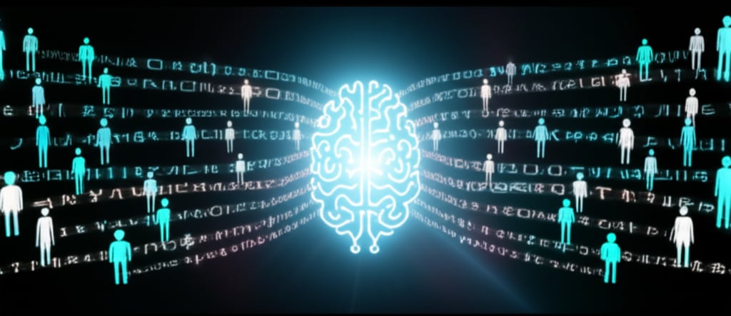 An abstract digital network shows an AI brain sending hyper-personalized data streams in multiple languages to diverse global cultures.